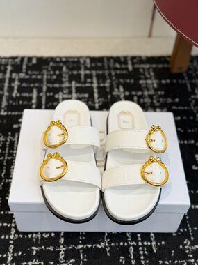 Dior White Grained Leather Slide Sandals Ornate Gold Double Buckle Slip On Flats